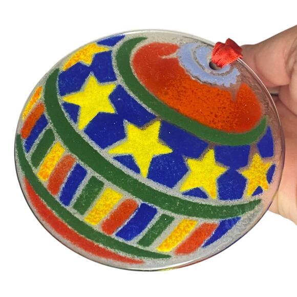 Peggy Karr Christmas Ornament Ball Stars Bars Fused Glass Holiday - Picture 12 of 12